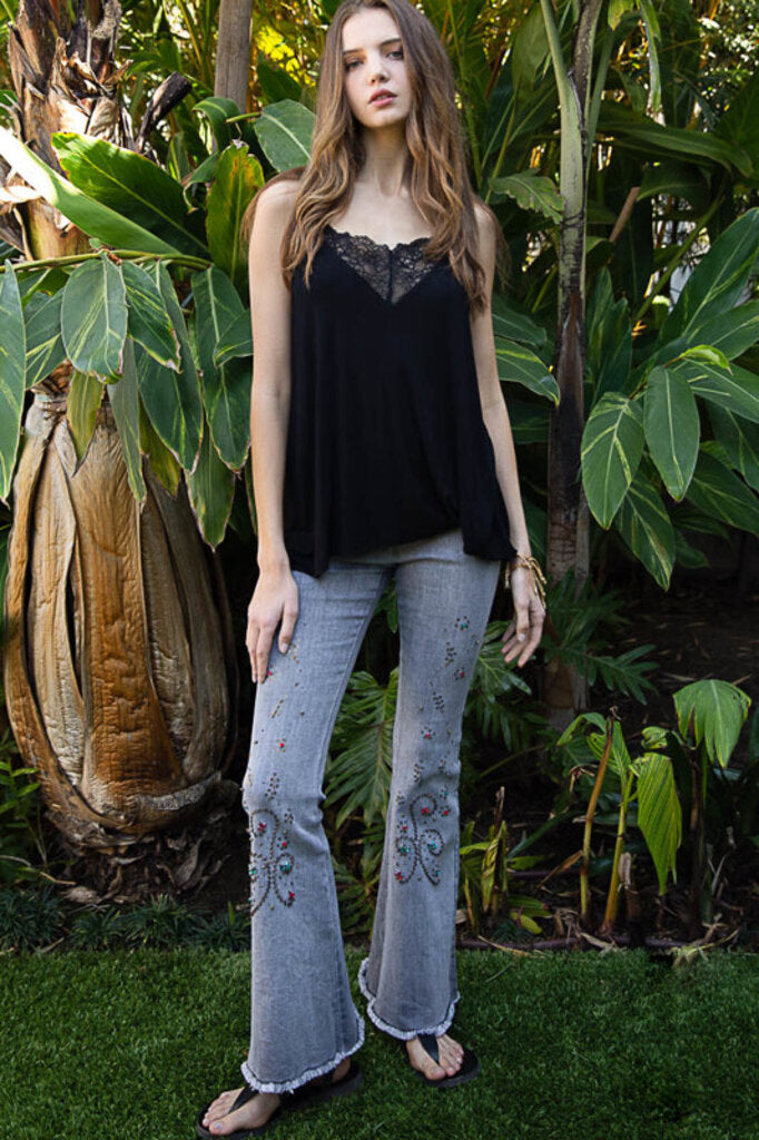 POL,women,Top,Lace Detail Adj Strap Tank,Black,L