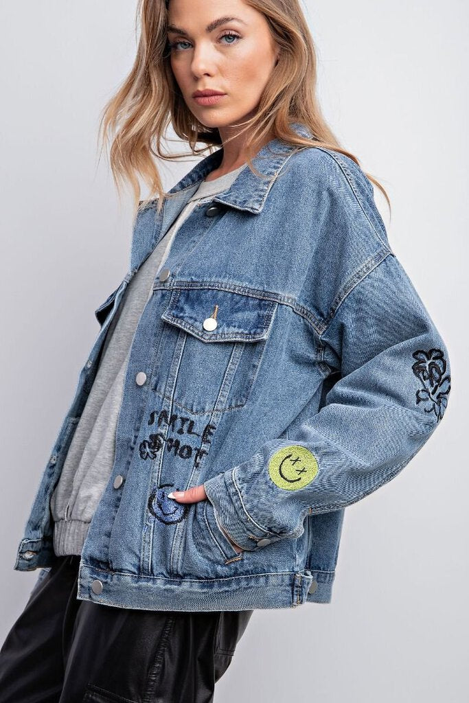 easel, Jacket,Embroidered Washed Denim