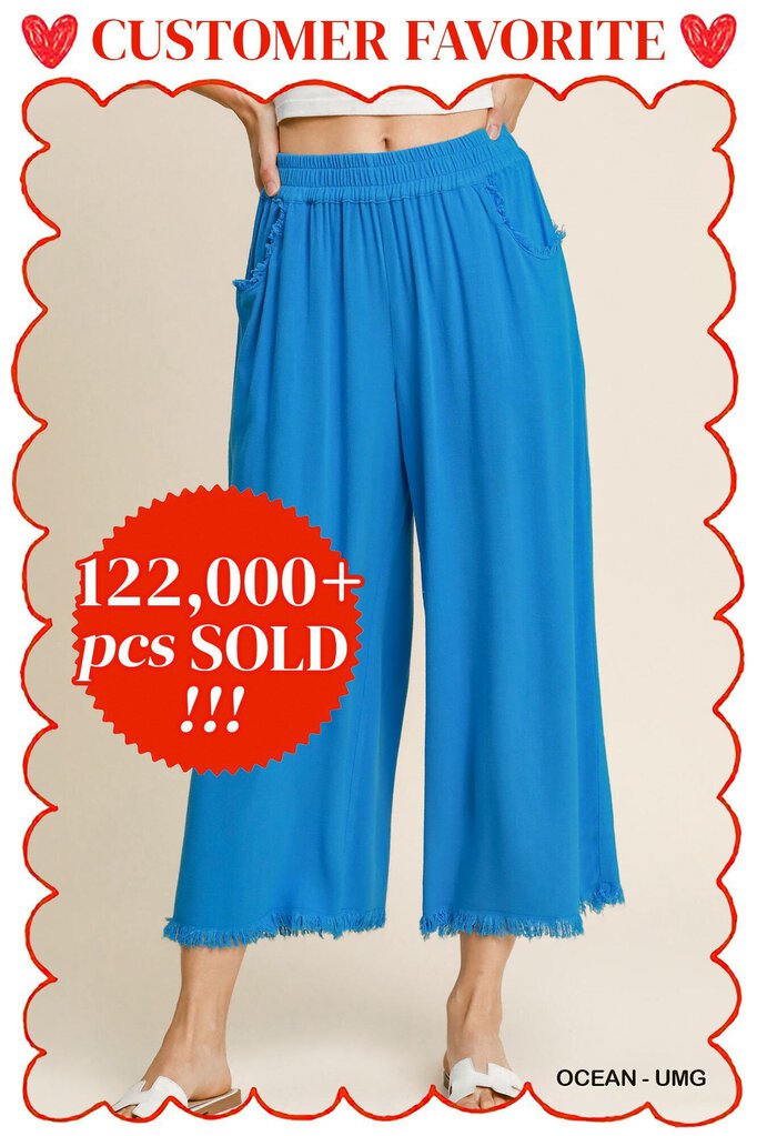 UMGEE, Pants,Linen Blend Wide Leg Fray Hem,Ocean,2XL