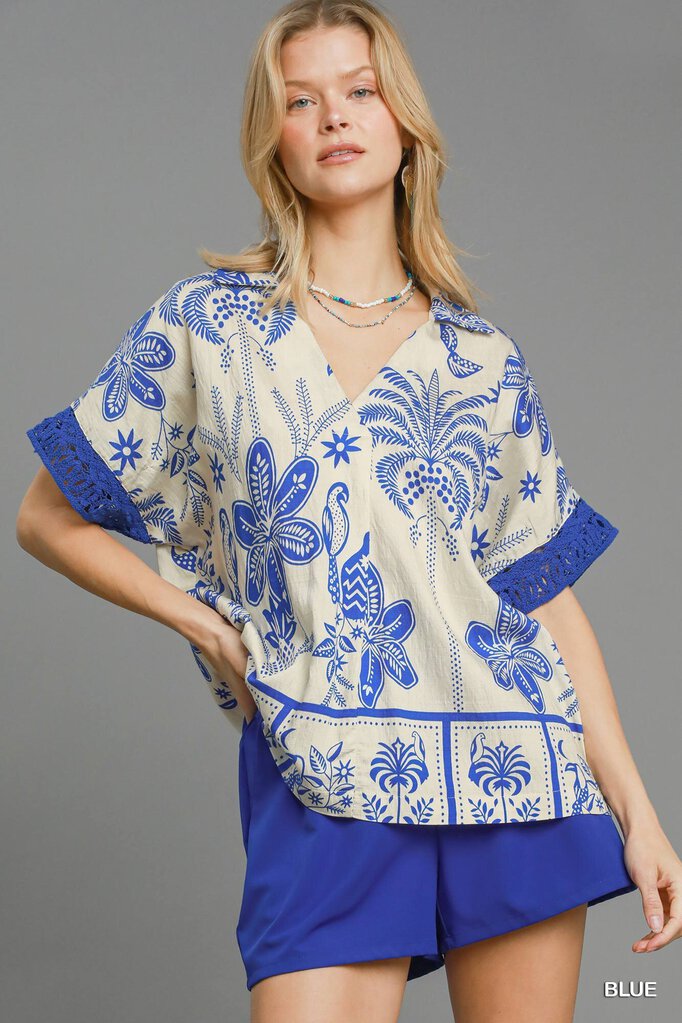 UMGEE, Top,Palm Print V Neck,Blue,L