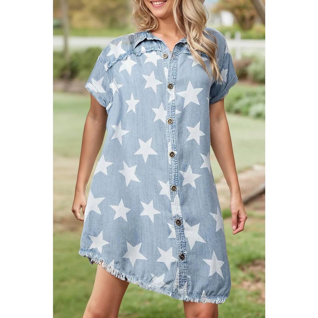 66DISCO, Dress,Stars Frayed Hem Denim