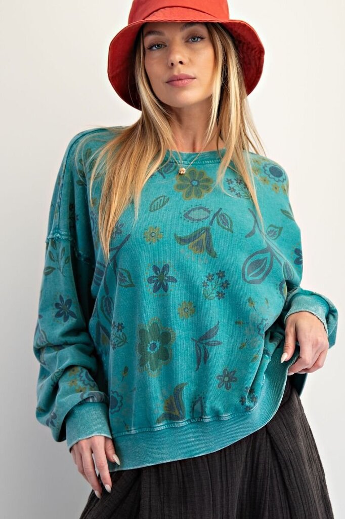 easel, Top,Floral Printed Washed Terry,Teal,S