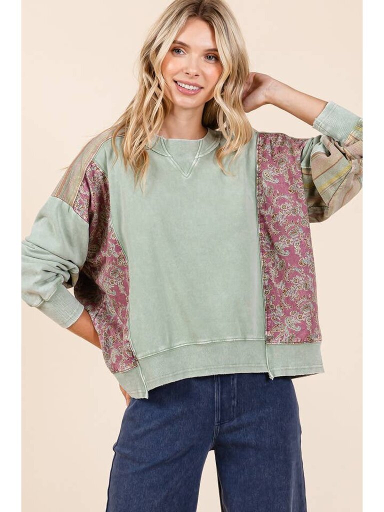 mittoshop, Top,Patchwork Print Mineral Wash Pullover