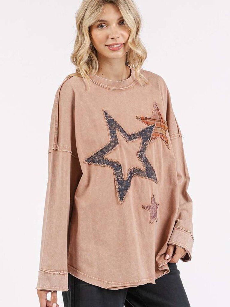 mittoshop, Top,Mineral Wash Star Patch LS,Ginger,S