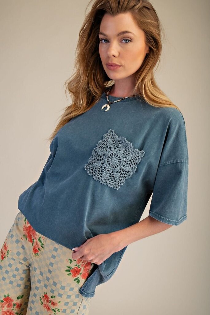 easel, Top,Crochet Pocket Short Sleeve