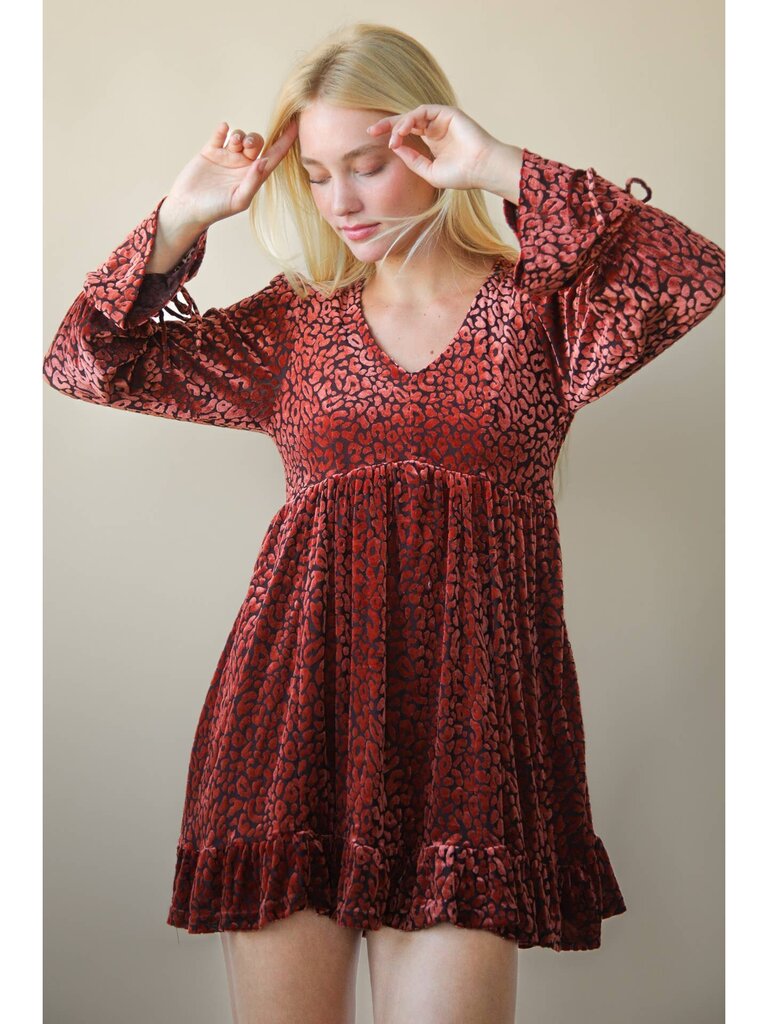 Very J, Dress,Leopard Velvet Ruffled Holiday Mini