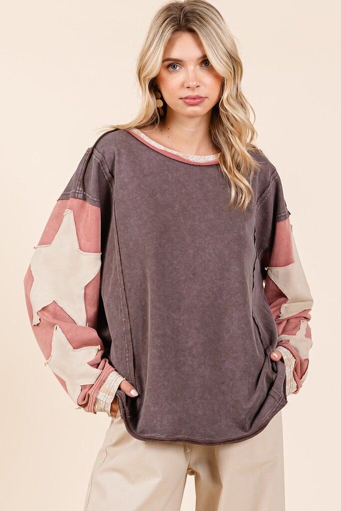 mittoshop, Top,Star Patch Mineral Washed,Brown,L