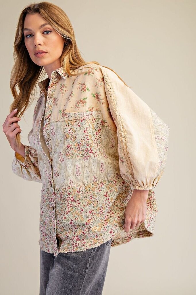 easel, Top,Floral Patch Button Shirt