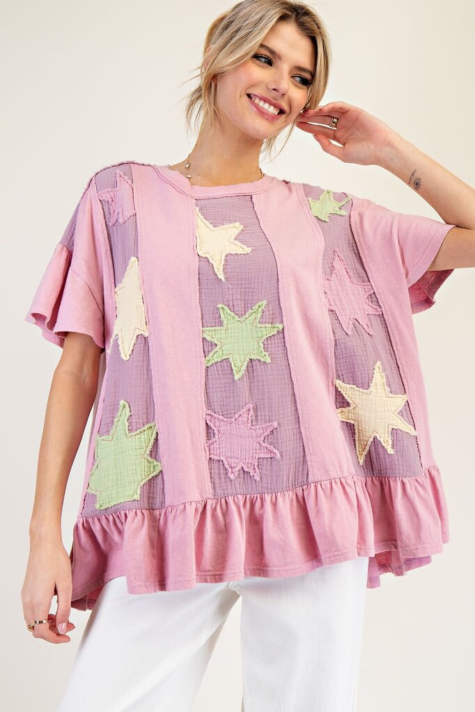 easel, Top,Star Patch Ruffle Bottom S/S,Rose,S