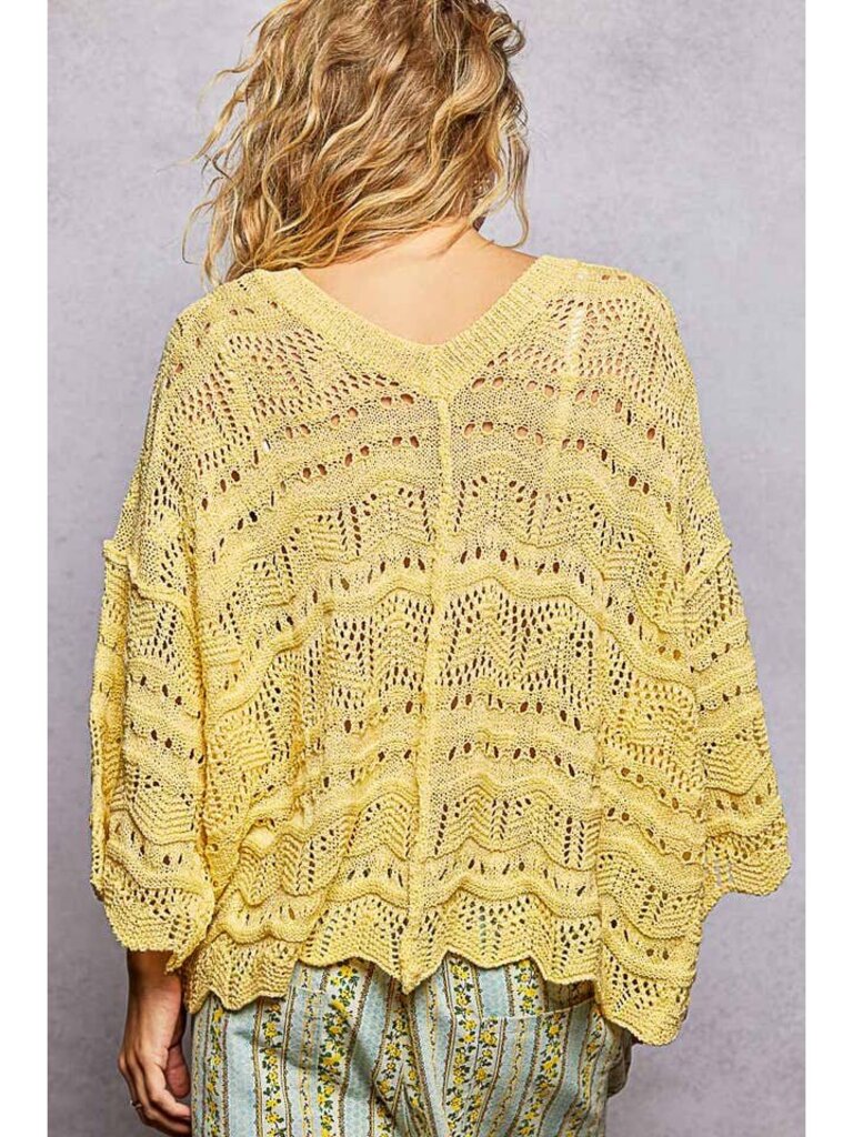 POL, Sweater,Open Knit V-Neck Scallop Edge