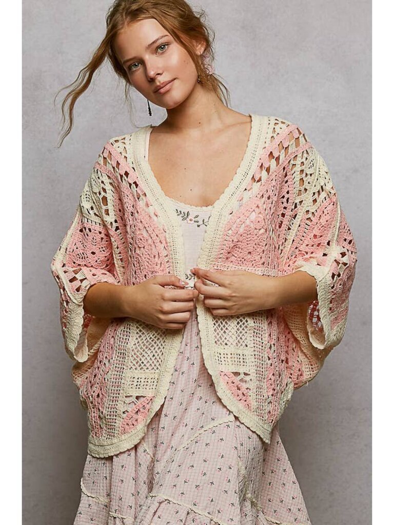 POL, Sweater,3/4 Sleeve Crochet Cardigan,Pink Cream,One Size