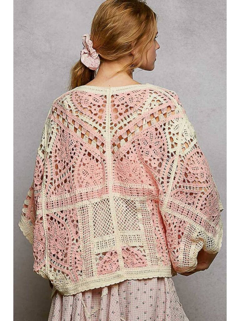 POL, Sweater,3/4 Sleeve Crochet Cardigan,Pink Cream,One Size