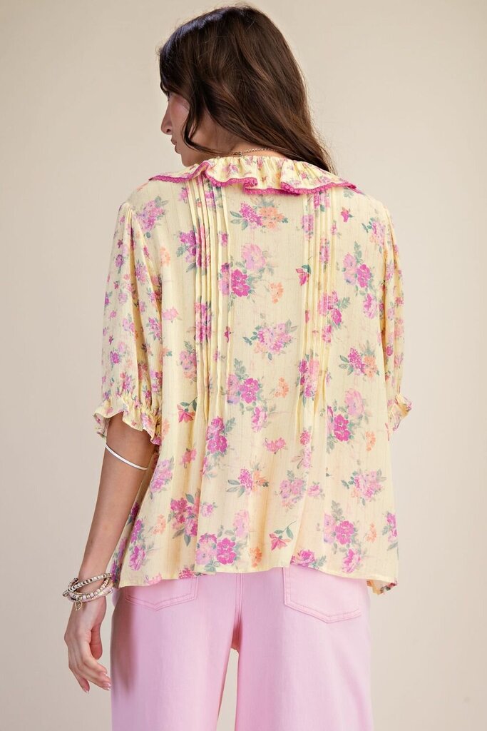easel, Top,Floral Print S/S Gauze