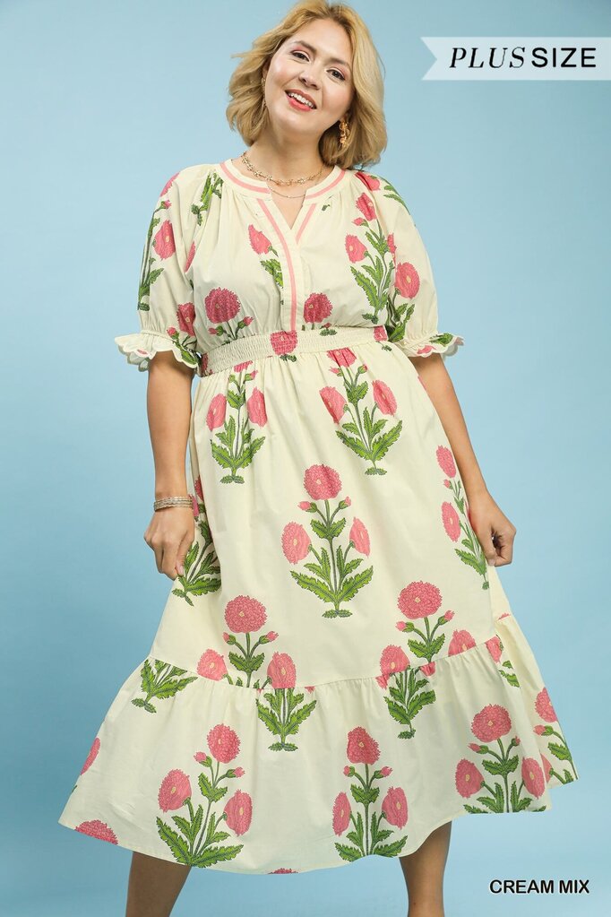 UMGEE, Dress,Floral Smocked V-Neck,Cream Mix,2XL