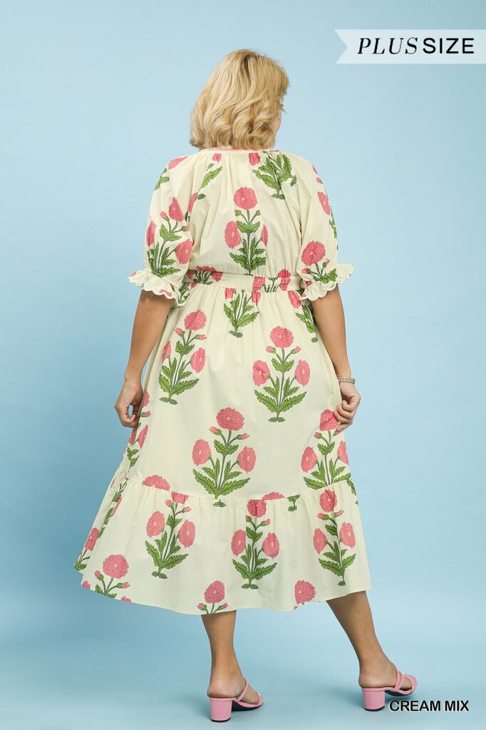UMGEE, Dress,Floral Smocked V-Neck,Cream Mix,2XL