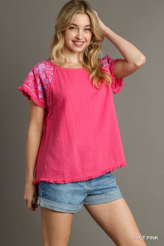 UMGEE, Top,Gauze w/Embroidered Sleeves