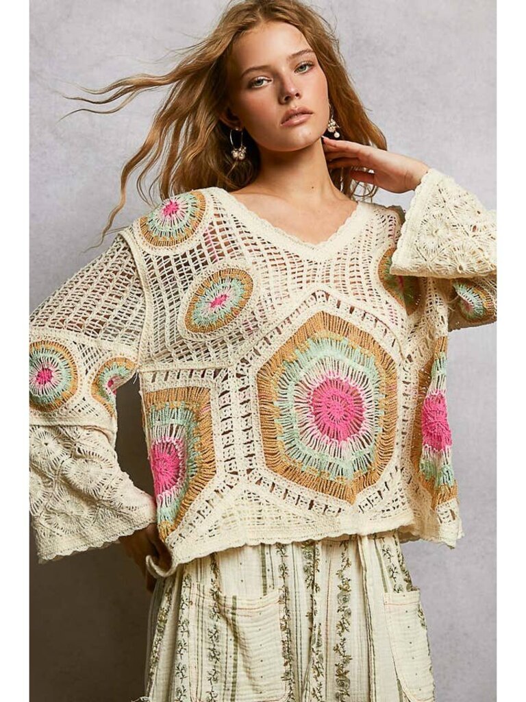 POL, Top,V-Neck Granny Circle Crochet,Cream Sage,OS