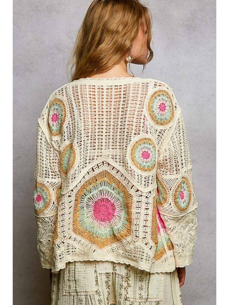 POL, Top,V-Neck Granny Circle Crochet,Cream Sage,OS