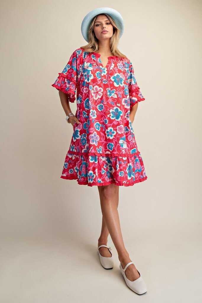 easel, Dress,Ruffle Trim Floral Print