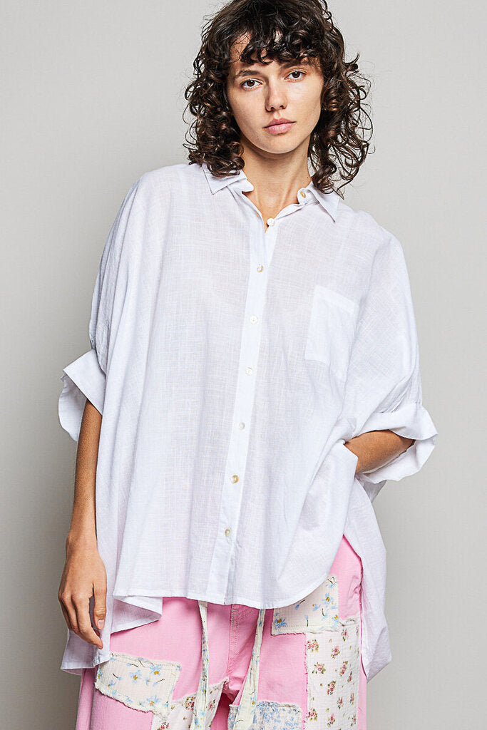 POL, Top,Half Sleeve Cotton Roomy Fit Casual Shirt ,White,L