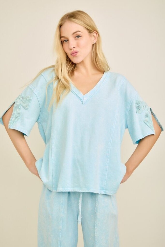 JHer, Top,Mineral Washed Bow Trim,Baby Blue,M