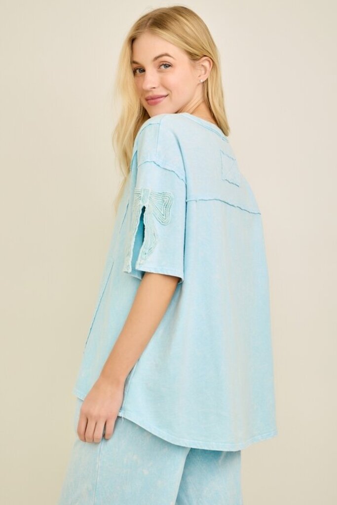 JHer, Top,Mineral Washed Bow Trim,Baby Blue,M