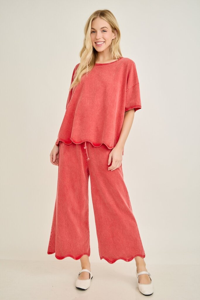 JHer, Top,Mineral Washed Scalloped Edge T,Red,L