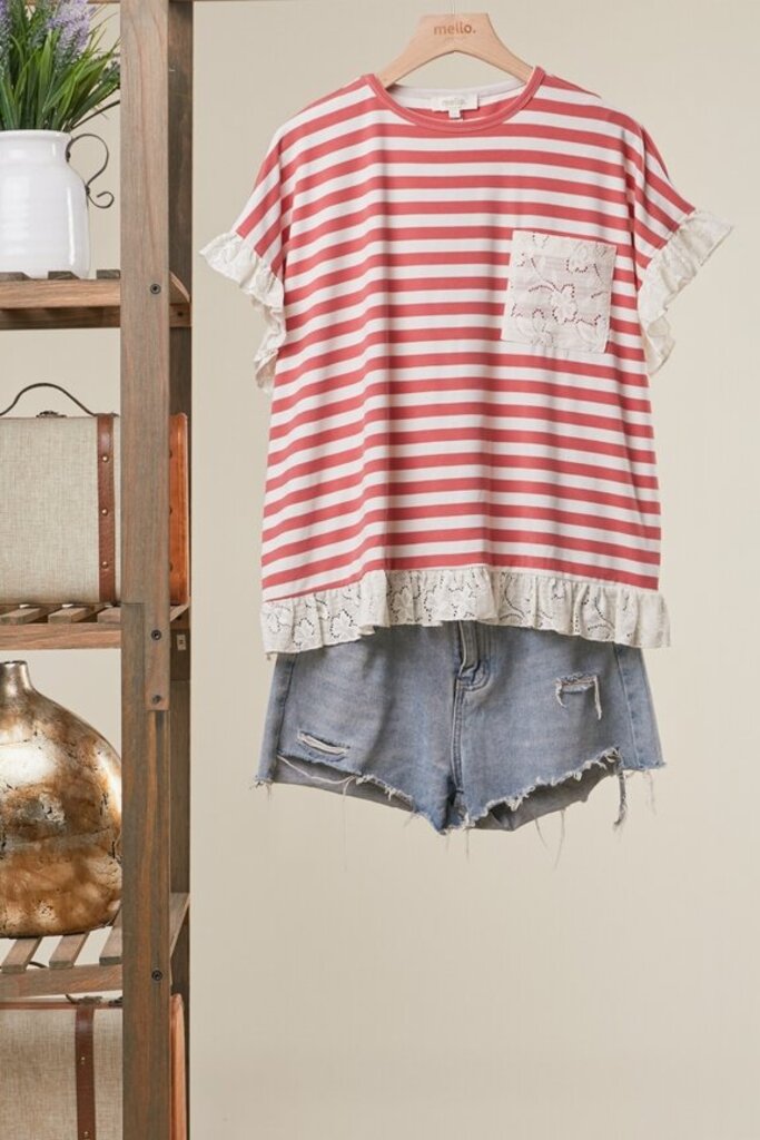 Mello, Top,Striped w/Lace Trim