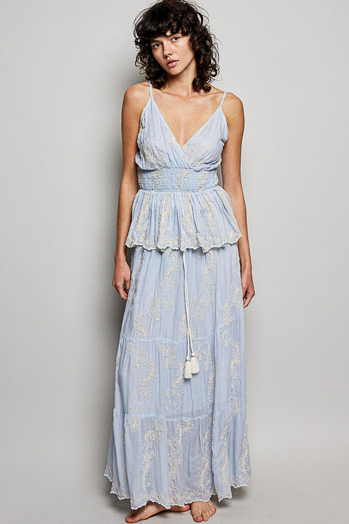 POL, Top,Embroidered V-Neck Smocked