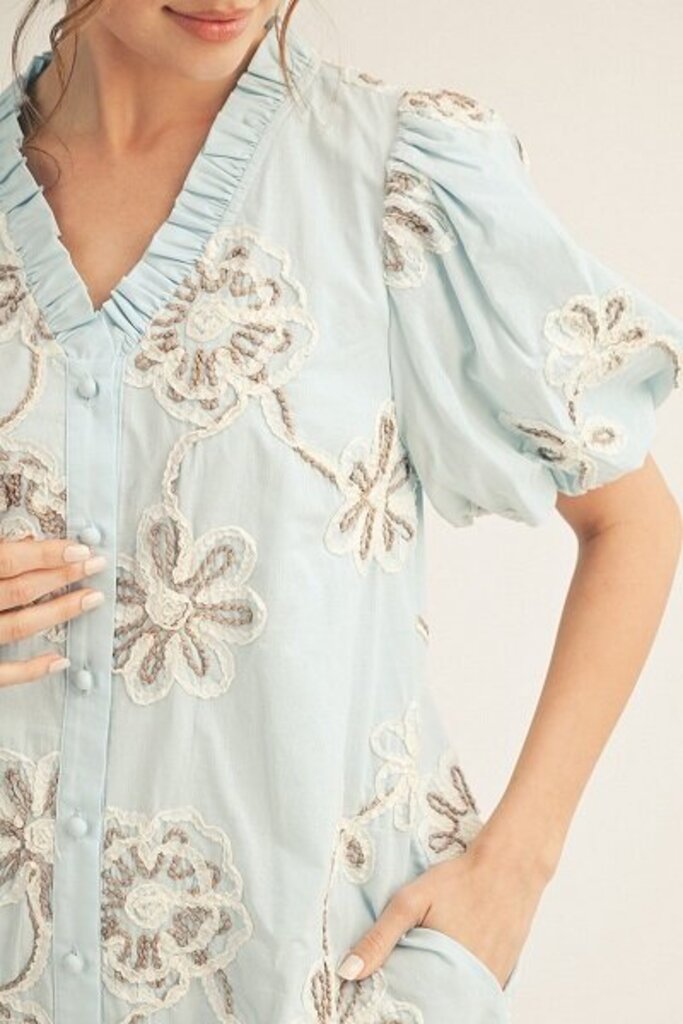 jodifl, Dress,3D Floral Puff Sleeve Mini