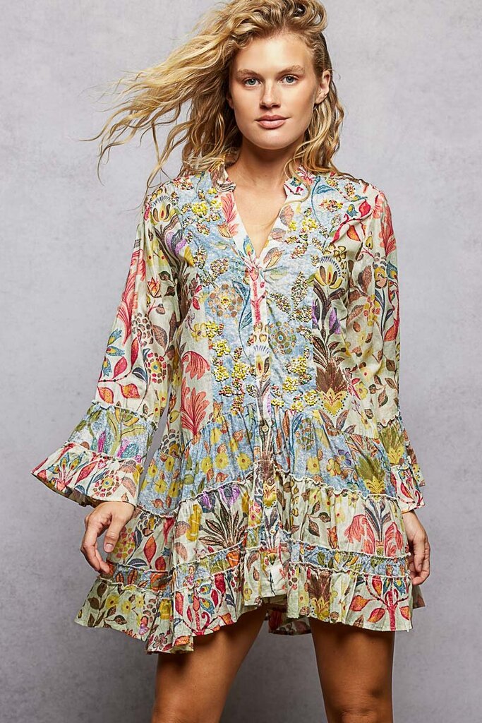 POL, Dress,V Neck LS Ruffle Hem