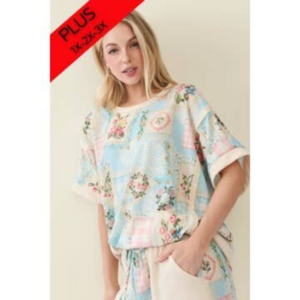 JHer, Top,Rosy Print Terry Pull Over