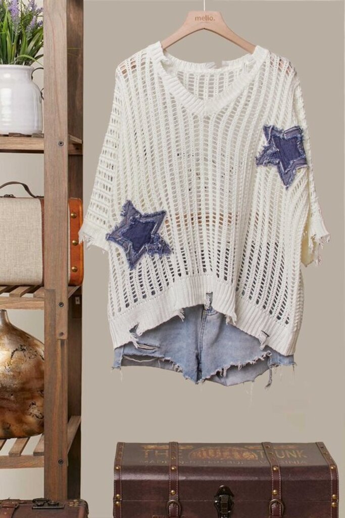 Mello, Top,Star Knit Pullover,White,S