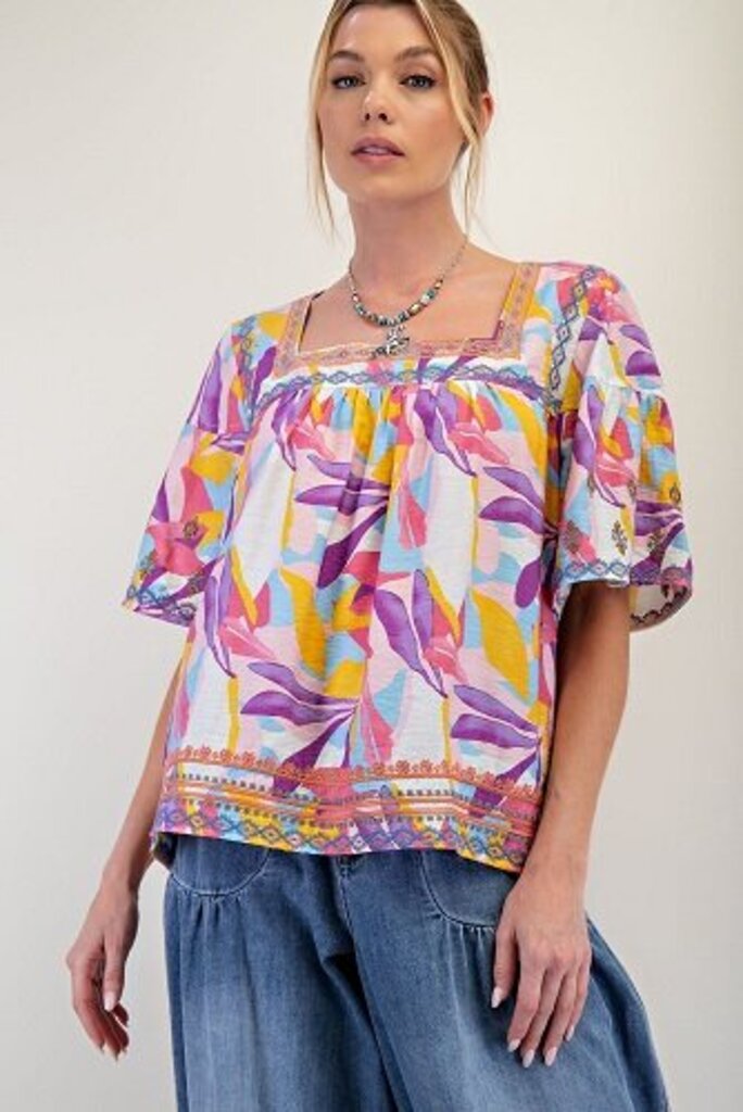 easel, Top,Embroidered Square Neck Print