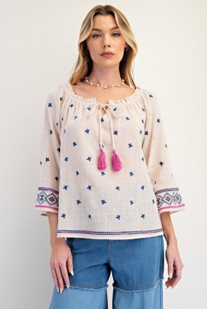 easel, Top,Embroidered Tunic w/Tassel Drawstring
