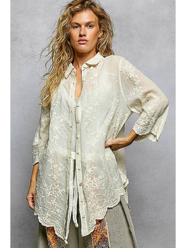 POL, Top,Floral Embroidered Button,Natural,OS