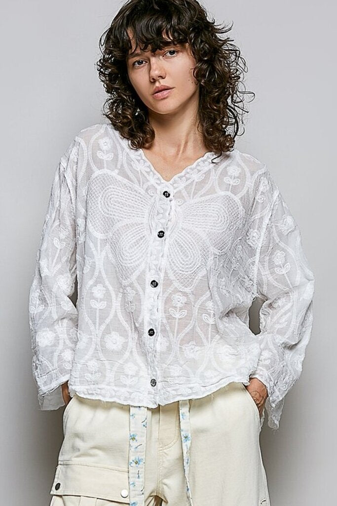 POL, Top,Butterfly Embroidered Button Front ,White,OS