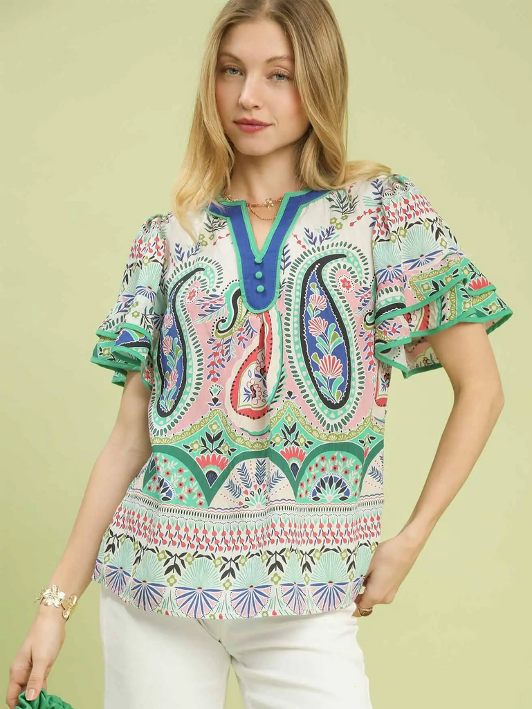 UMGEE, Top,Print V-Neck Flutter Sleeve