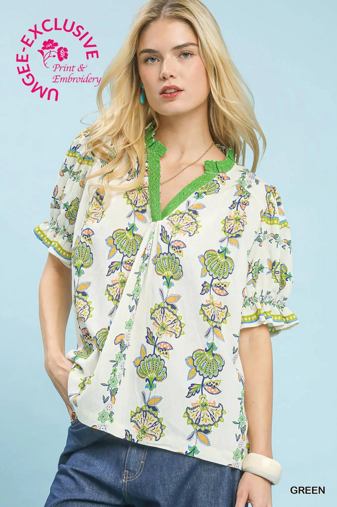 UMGEE, Top,Print V-Neck Puff Sleeve