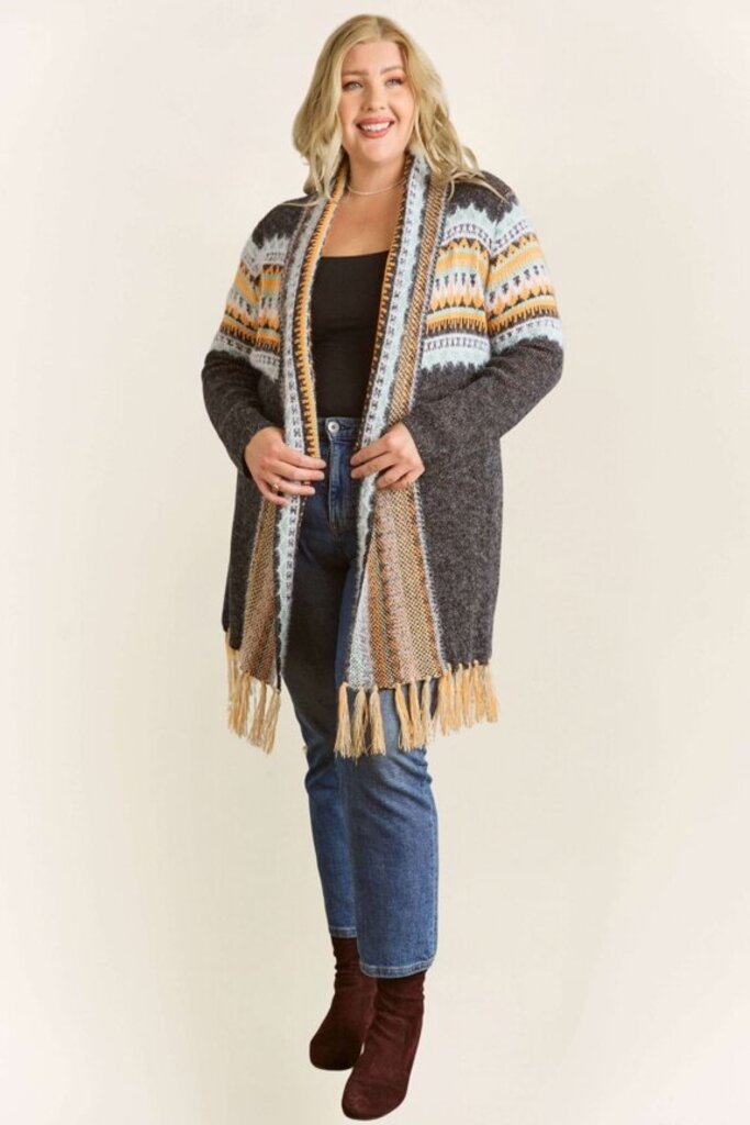 Cardigan,Tribal Print Cardigan w/Tassel Trim