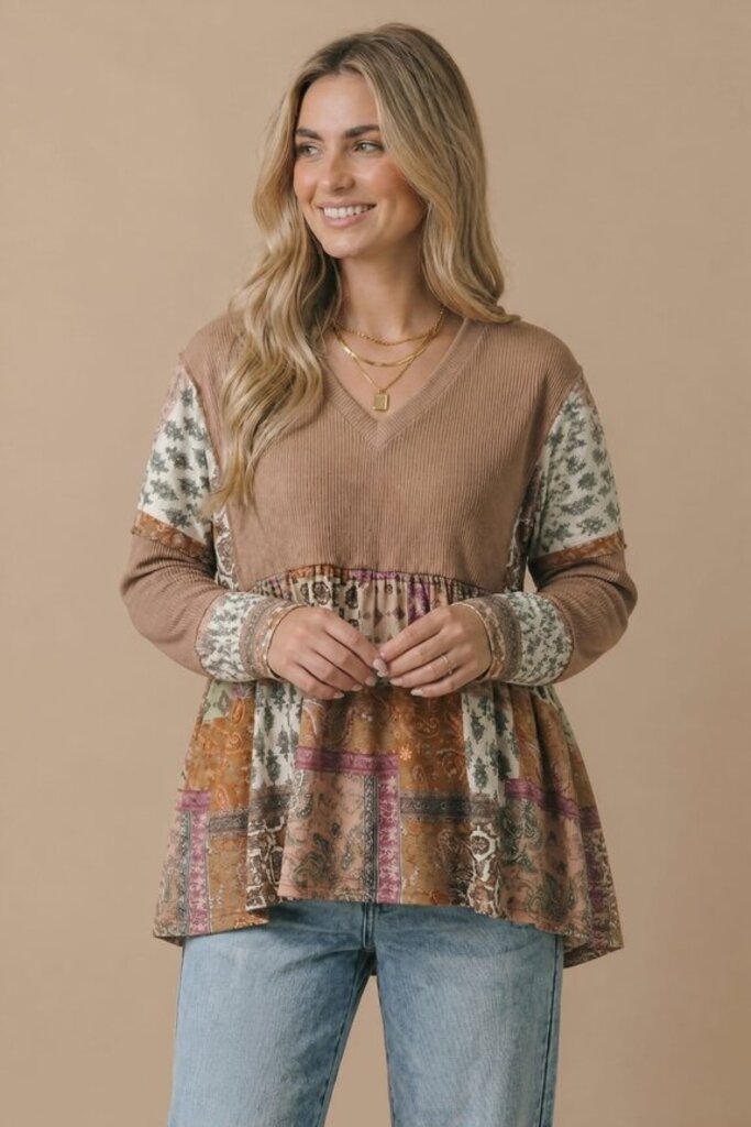 Haptics, Top,BOHO Print Color Block Knit