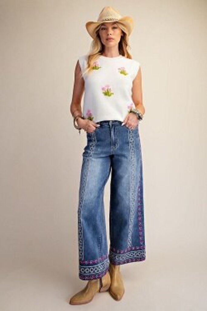 easel, Pants,Embroidered Cropped Wide Leg