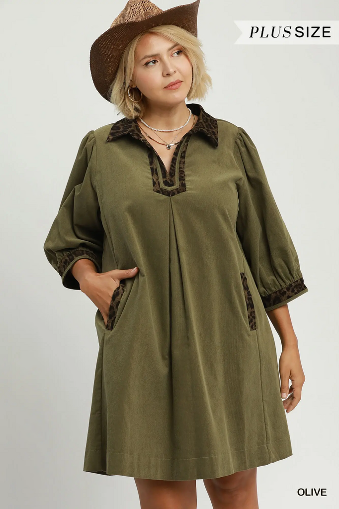 UMGEE, Dress,V-Neck Shift w/Leopard Trim