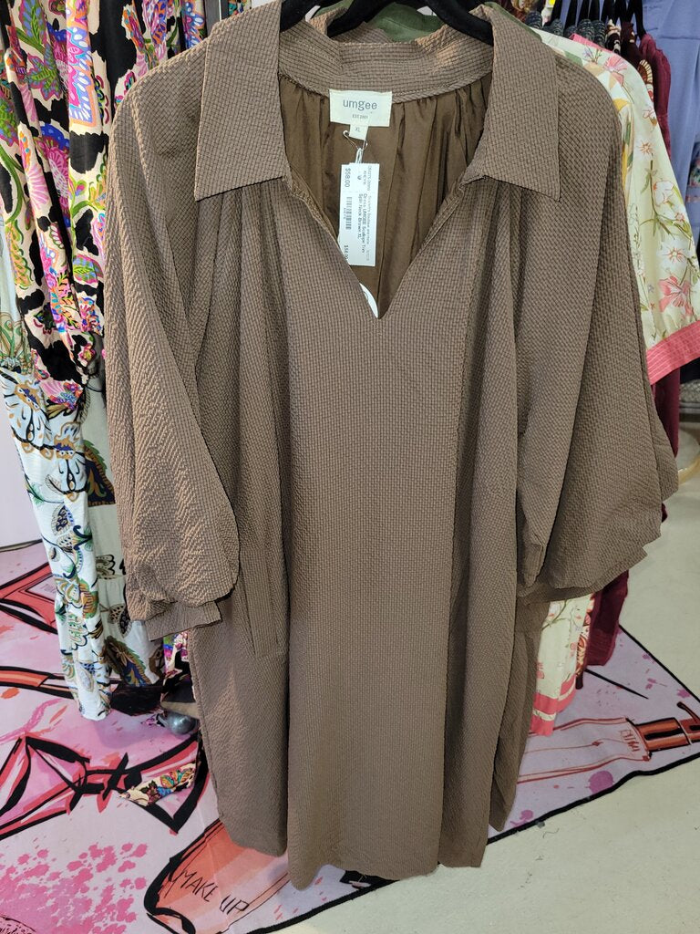 UMGEE, Dress,Scallope Trim Split Neck,Brown,XL