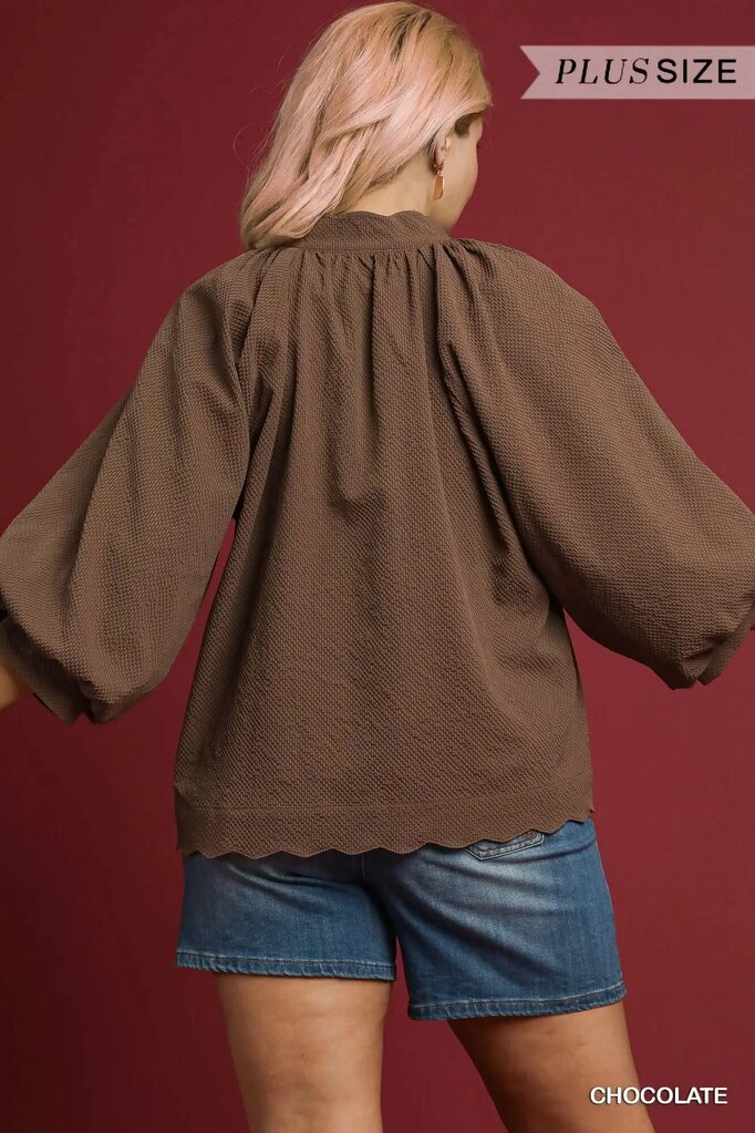 UMGEE, Top,V-Neck Scallope Hem,Chocolate,2XL