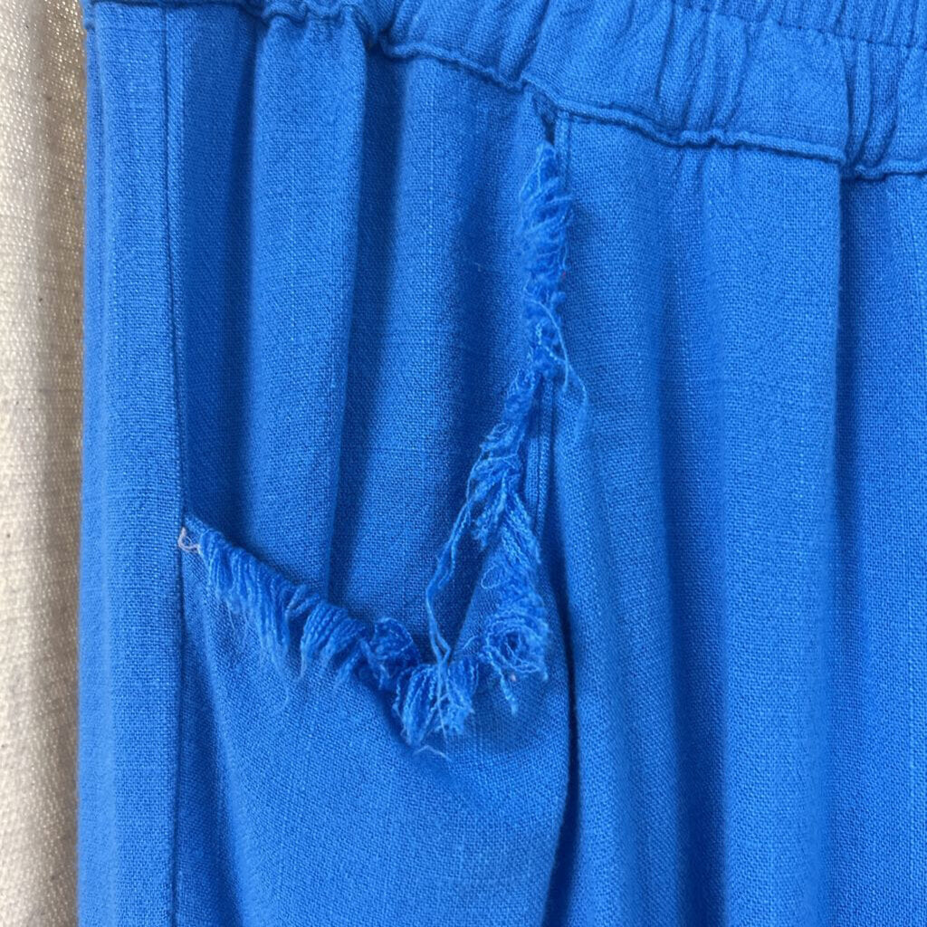UMGEE, Pants,Linen Blend Wide Leg Fray Hem,Ocean,S