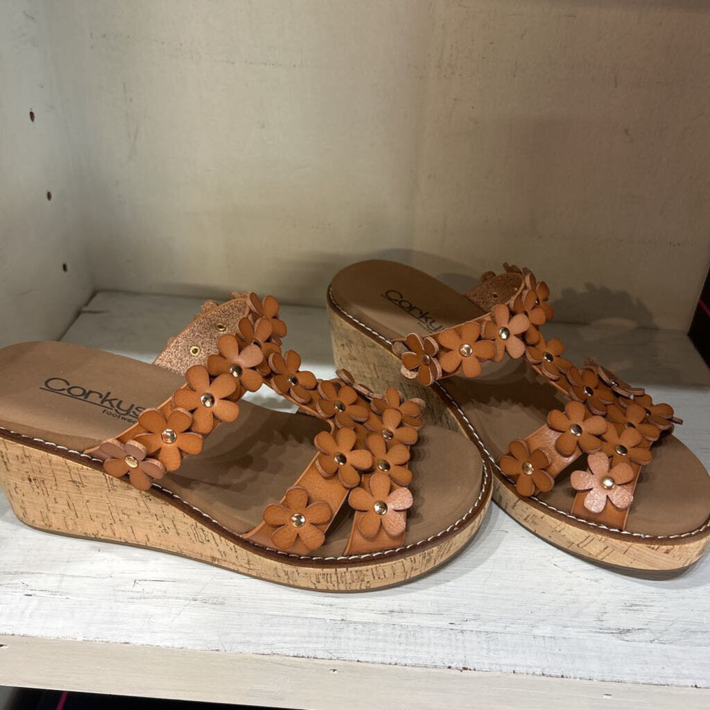 Corky's Footwear, Shoes,Flower Trim Wedge,Cognac,9