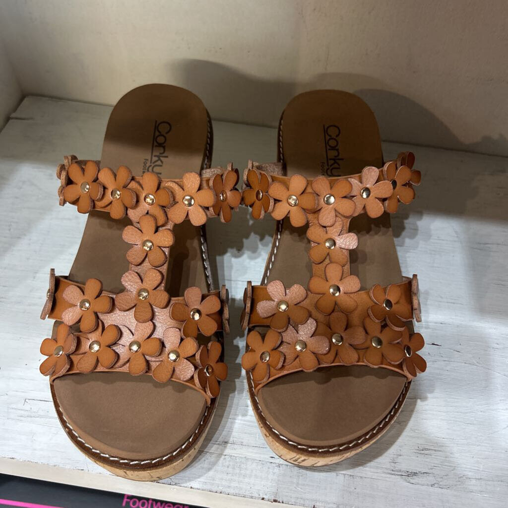 Corky's Footwear, Shoes,Flower Trim Wedge,Cognac,9