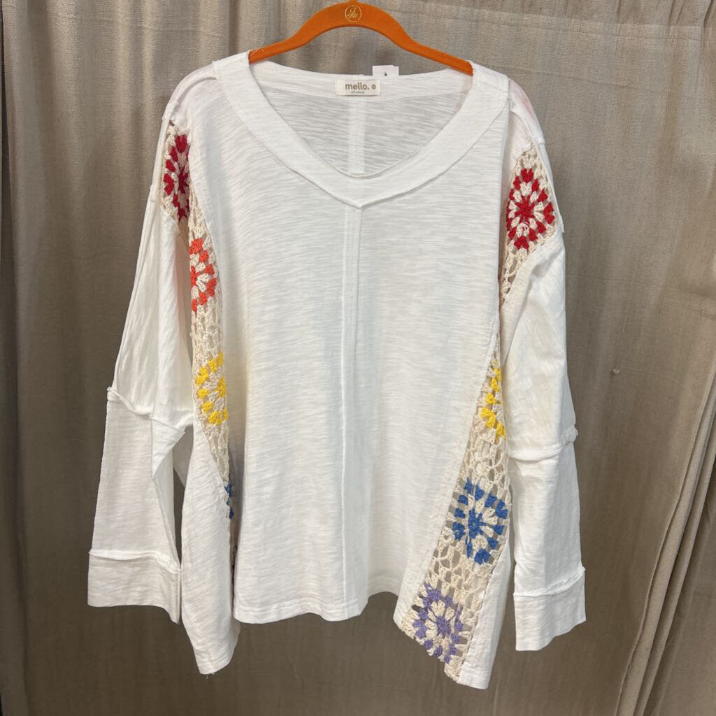 Mello, Top,Rainbrow Crochet Trim ,White,S