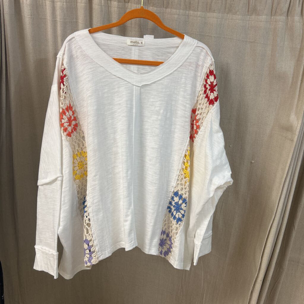 Mello, Top,Rainbrow Crochet Trim ,White,S